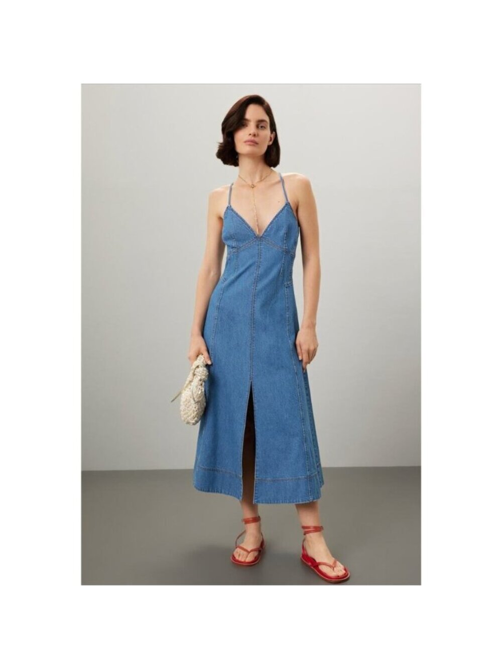 Tanya Taylor Hendrix Dress Dark Denim Halter V-Neck Midi Slip Dress Size 14